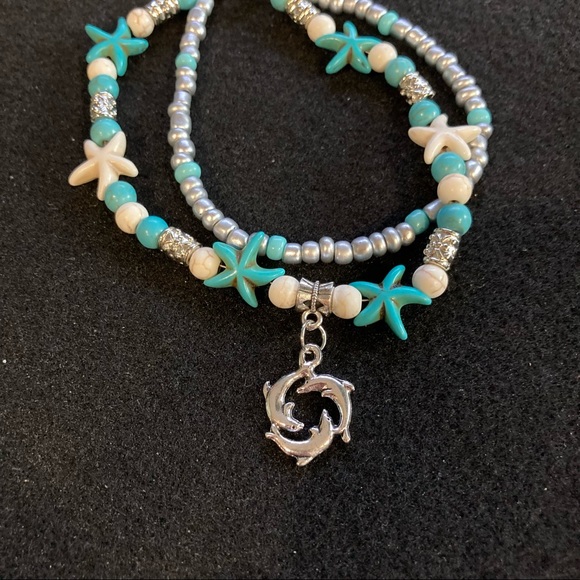 Dolphin Starfish Silver Toned Turquoise Beaded Boho Anklet - Picture 5 of 7
